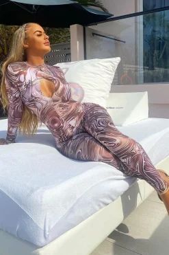 Rebellious Fashion Brown Abstract Print Front Split Long Sleeve Jumpsuit - Hayli