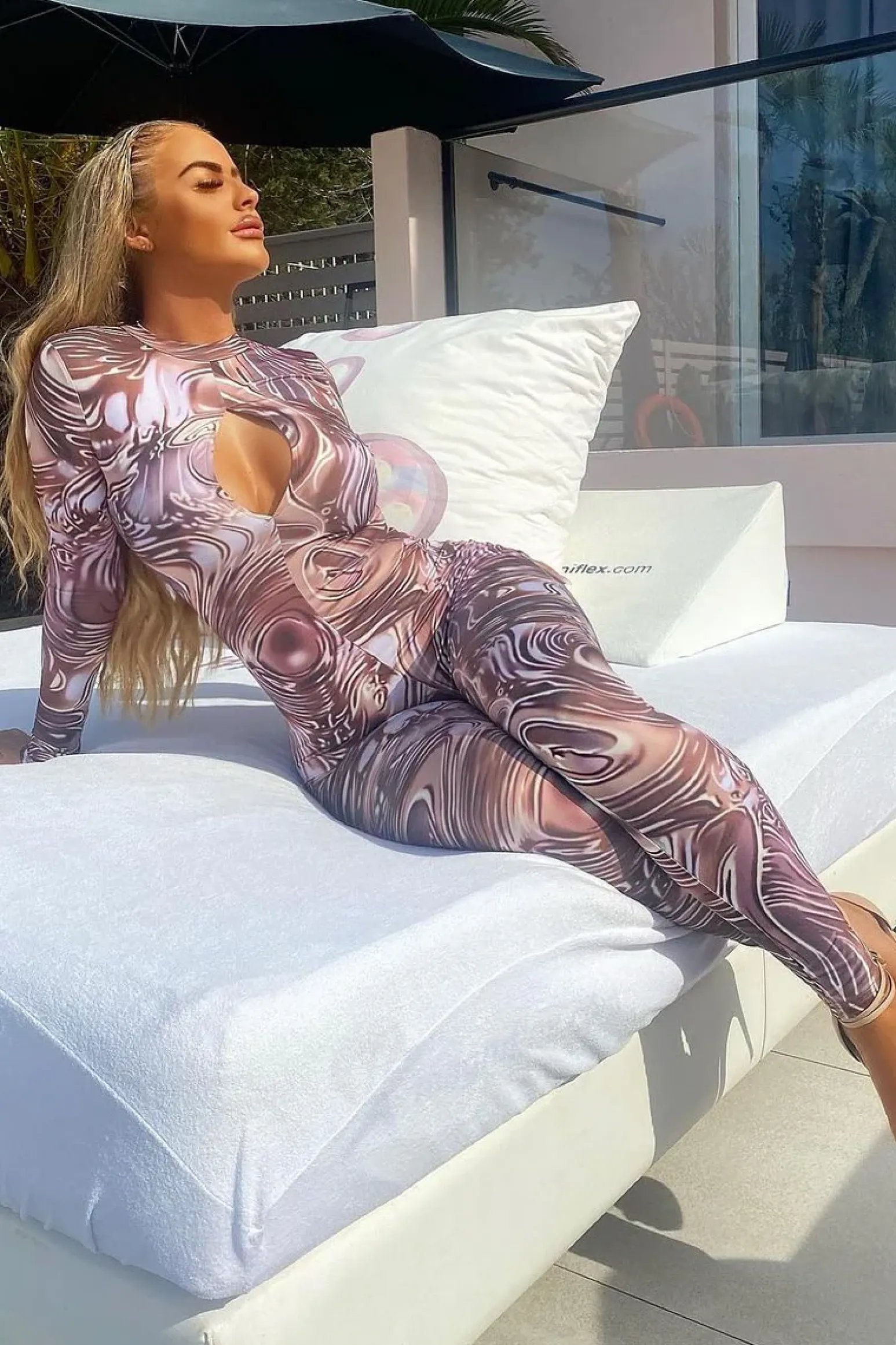 Rebellious Fashion Brown Abstract Print Front Split Long Sleeve Jumpsuit - Hayli