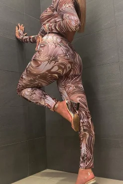 Rebellious Fashion Brown Abstract Print Front Split Long Sleeve Jumpsuit - Hayli