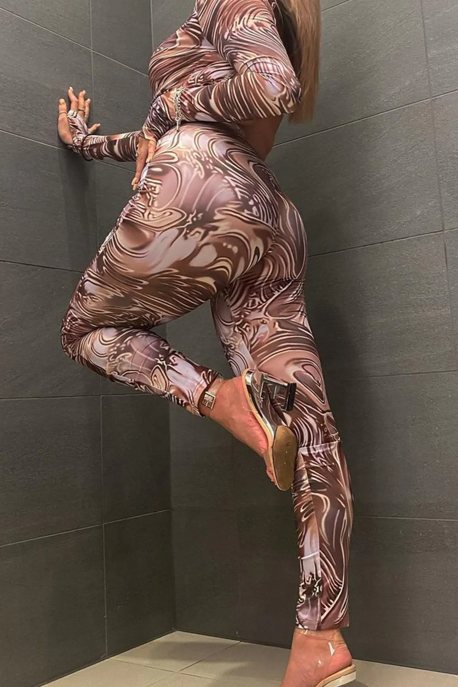 Rebellious Fashion Brown Abstract Print Front Split Long Sleeve Jumpsuit - Hayli