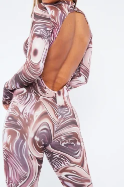 Rebellious Fashion Brown Abstract Print Front Split Long Sleeve Jumpsuit - Hayli