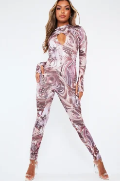 Rebellious Fashion Brown Abstract Print Front Split Long Sleeve Jumpsuit - Hayli