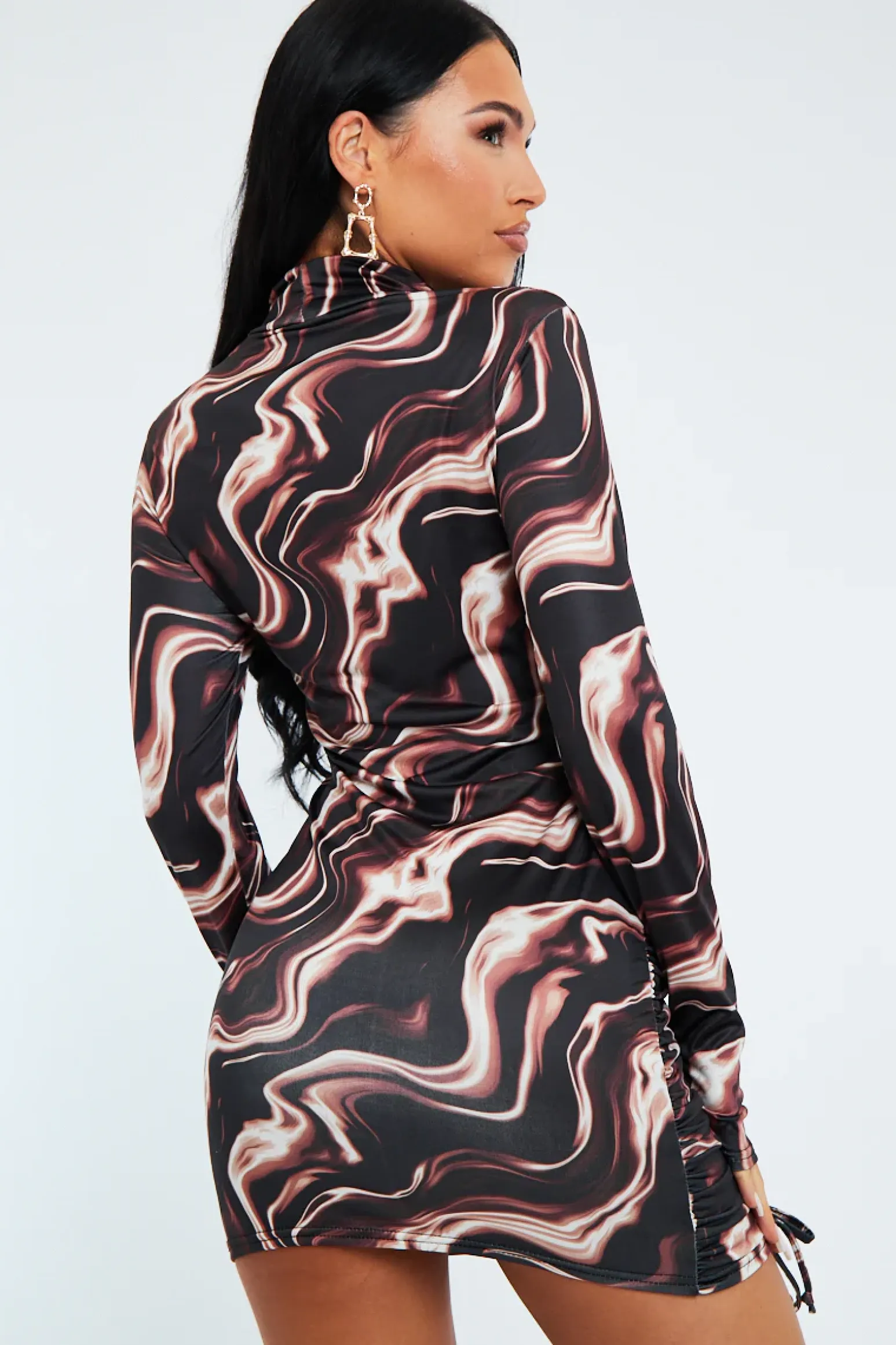 Rebellious Fashion Brown Abstract Print Ruched Front Mini Dress - Vara