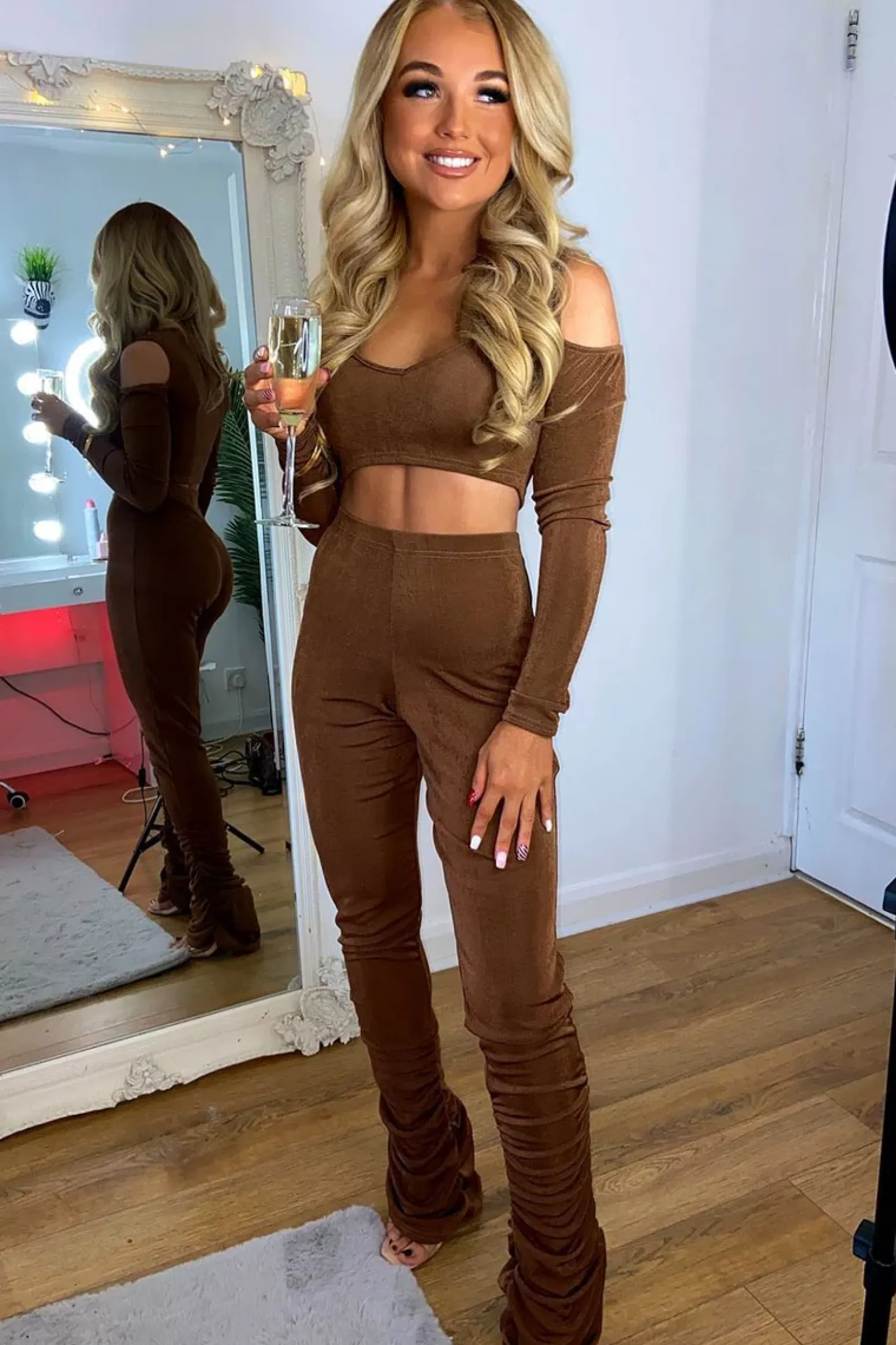 Rebellious Fashion Brown Acetate Slinky Bardot Crop Top - Arden