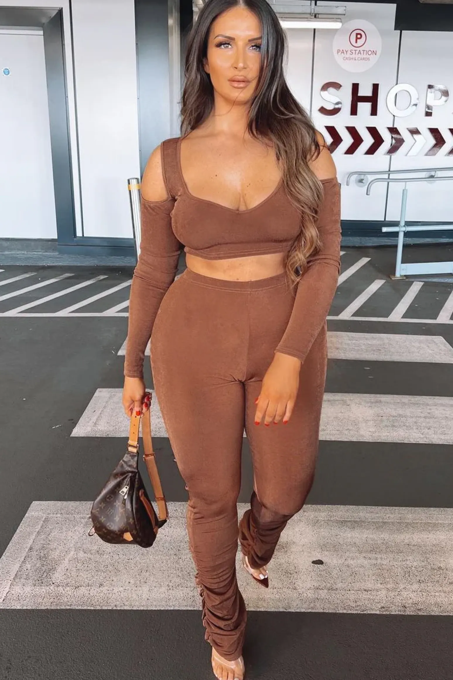 Rebellious Fashion Brown Acetate Slinky Bardot Crop Top - Arden