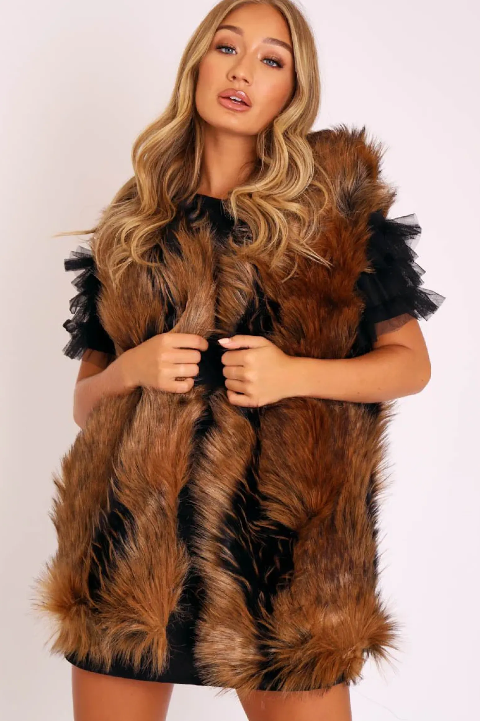 Rebellious Fashion Brown and Black Faux Fur Gilet - Jordana
