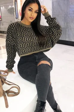 Rebellious Fashion Brown Aztec Print Batwing Jumper - Adree