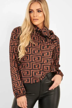 Rebellious Fashion Brown Aztec Print Satin Long Sleeve Bow Shirt - Abrah