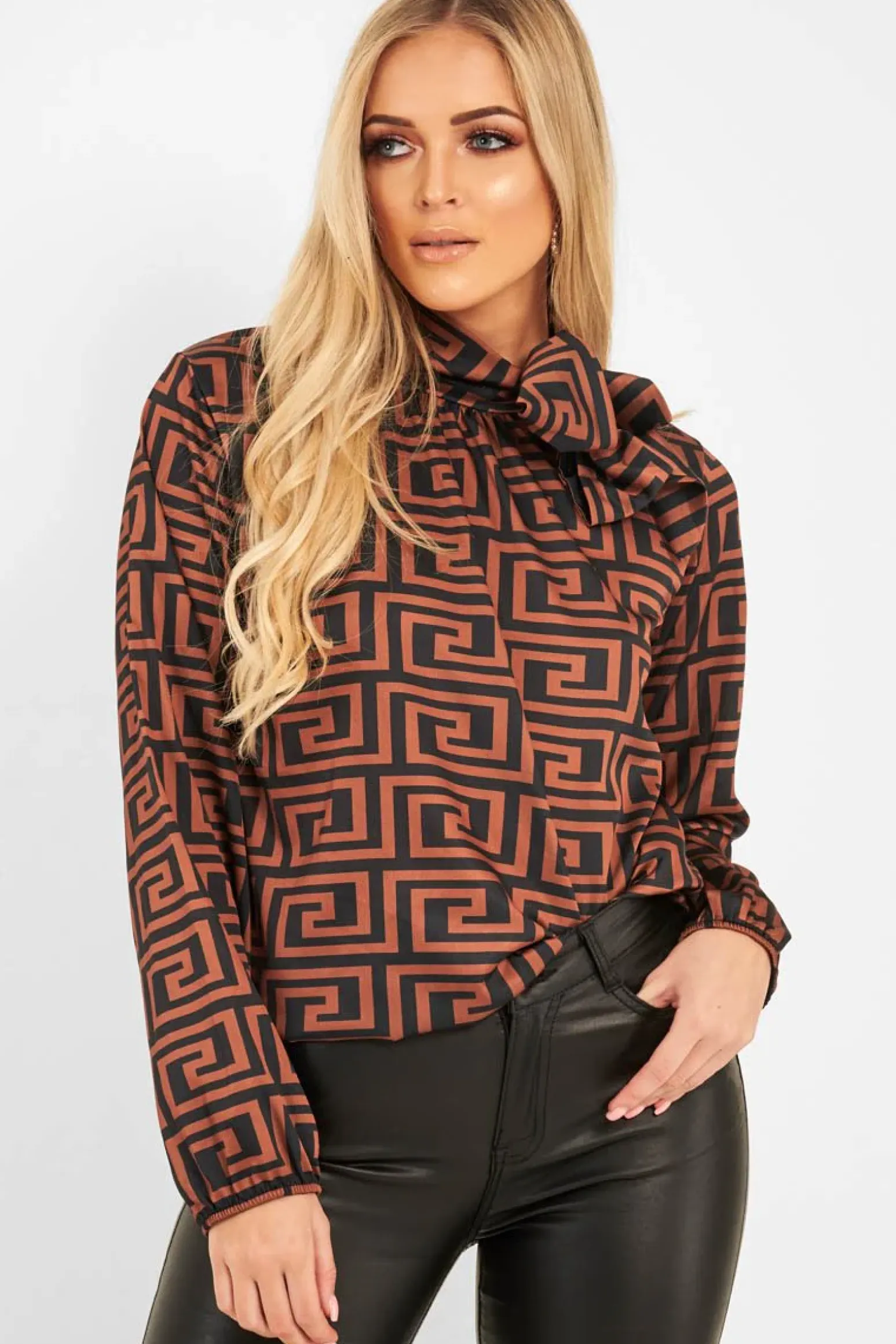Rebellious Fashion Brown Aztec Print Satin Long Sleeve Bow Shirt - Abrah