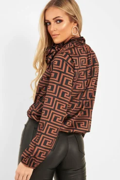 Rebellious Fashion Brown Aztec Print Satin Long Sleeve Bow Shirt - Abrah