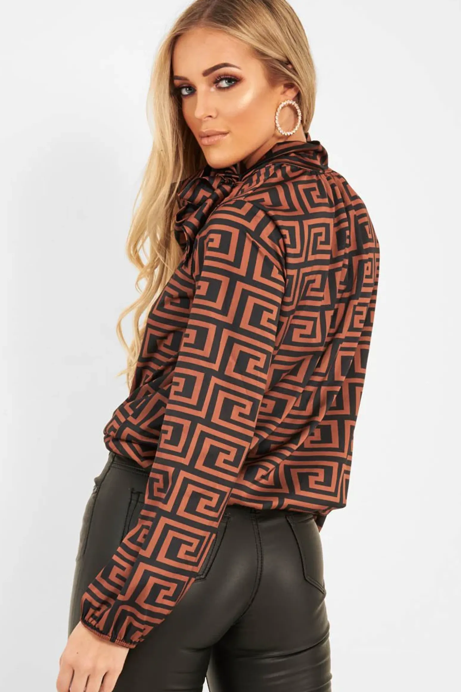 Rebellious Fashion Brown Aztec Print Satin Long Sleeve Bow Shirt - Abrah