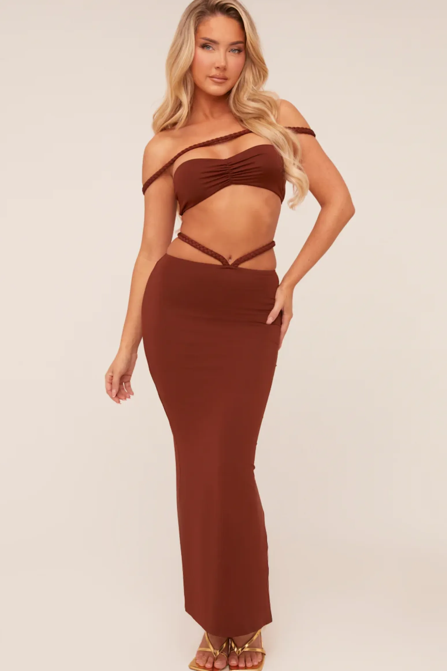 Rebellious Fashion Brown Bardot Cropped Top & Maxi Skirt Co-ord Set - Constance