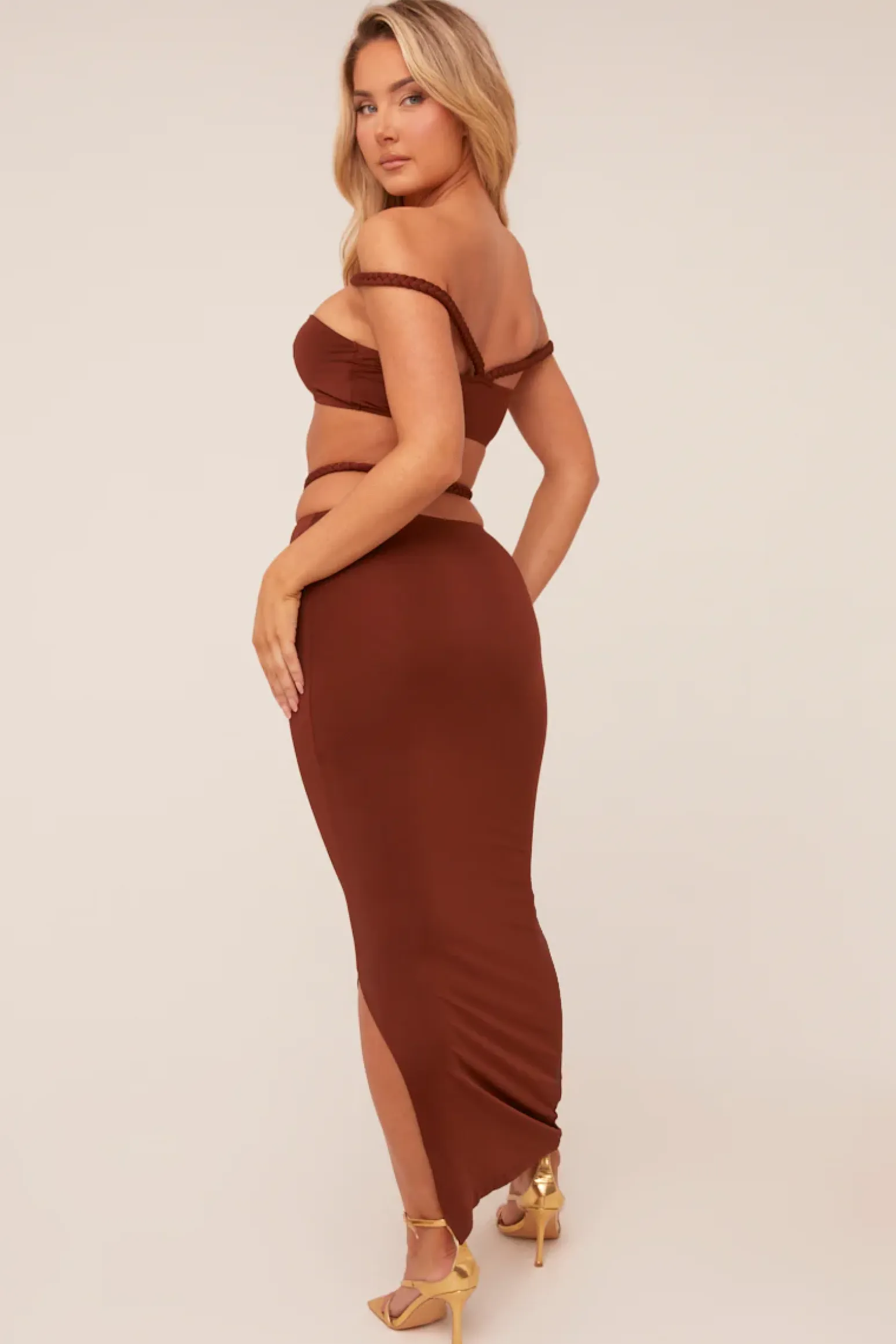 Rebellious Fashion Brown Bardot Cropped Top & Maxi Skirt Co-ord Set - Constance