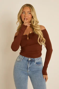 Rebellious Fashion Brown Bead Trim Long Sleeve Top - Verity