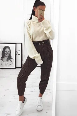 Rebellious Fashion Brown Black Houndstooth Belted Tapered Trousers - Aasia