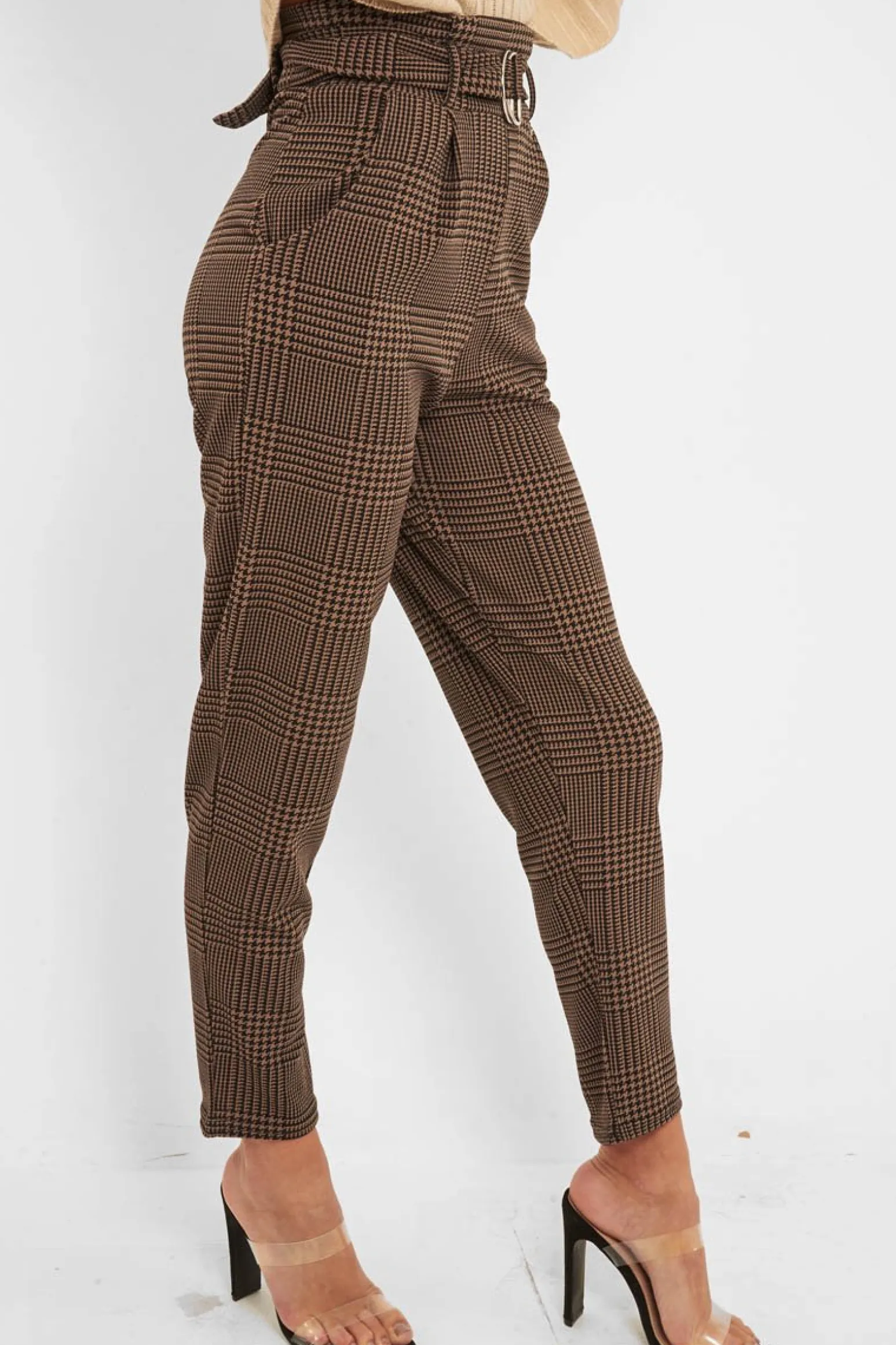 Rebellious Fashion Brown Black Houndstooth Belted Tapered Trousers - Aasia