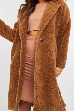 Rebellious Fashion Brown Borg Teddy Midi Coat - Leata