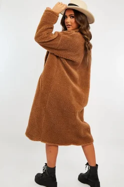 Rebellious Fashion Brown Borg Teddy Midi Coat - Leata