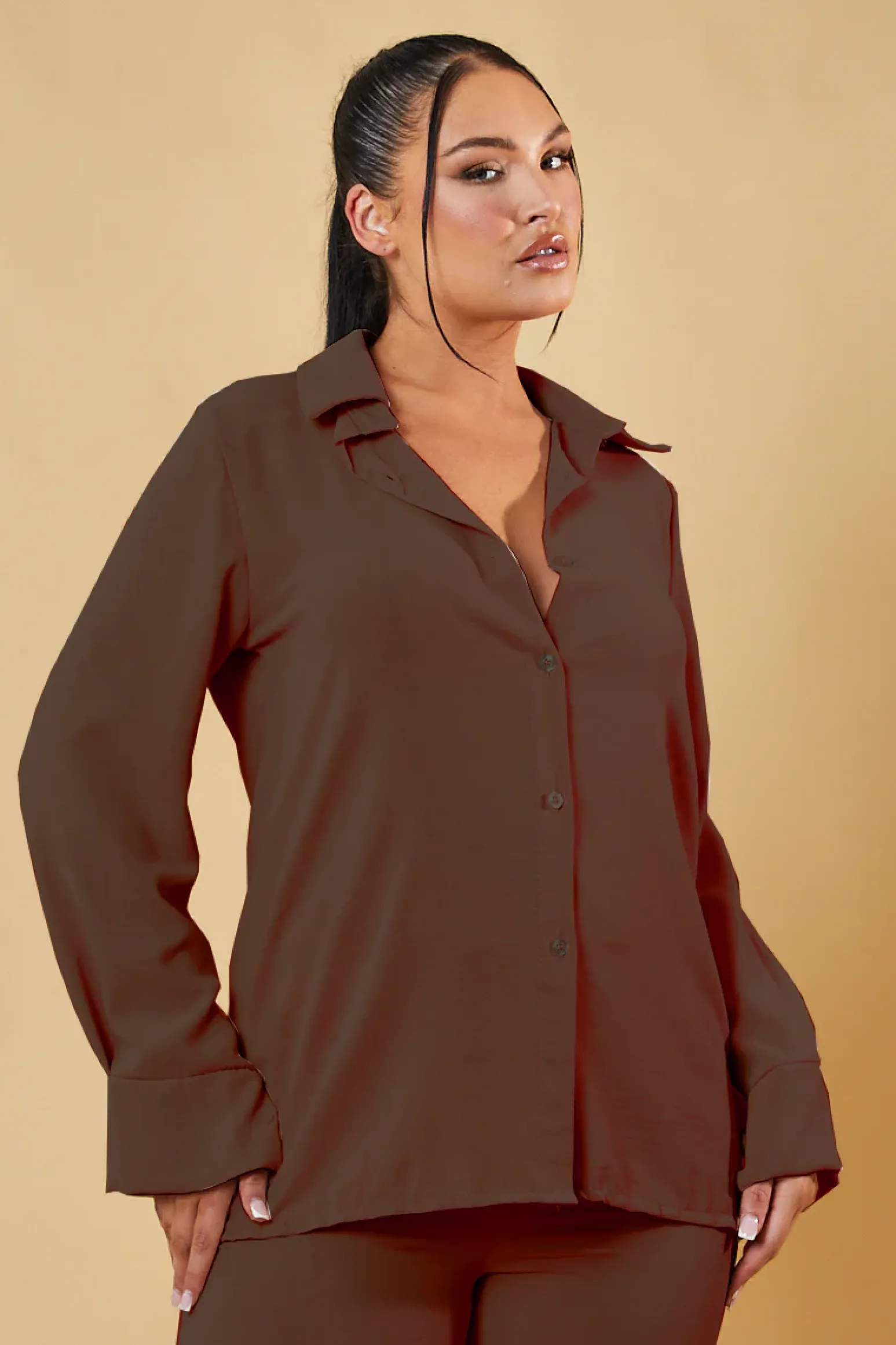 Rebellious Fashion Brown Button Up Front Shirt & Wide Leg Trouser Co-ord - Alicia