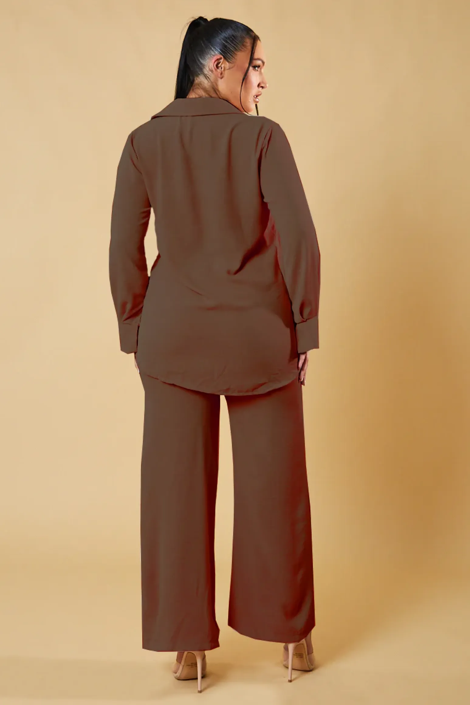 Rebellious Fashion Brown Button Up Front Shirt & Wide Leg Trouser Co-ord - Alicia