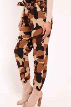 Rebellious Fashion Brown Camo Paper Bag Tie Waist Trousers - Ryana