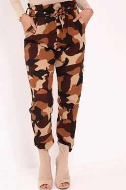 Rebellious Fashion Brown Camo Paper Bag Tie Waist Trousers - Ryana