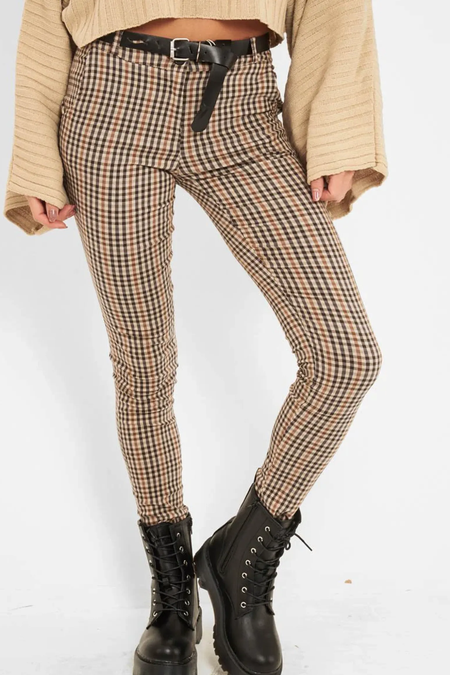 Rebellious Fashion Brown Check Belted Tapered Trousers - Kierra