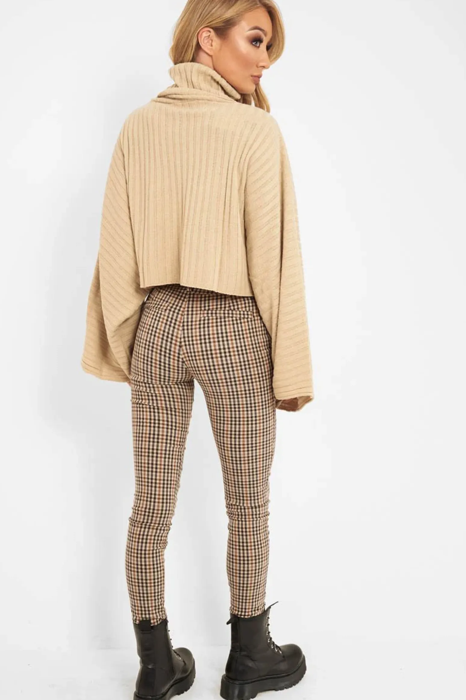 Rebellious Fashion Brown Check Belted Tapered Trousers - Kierra