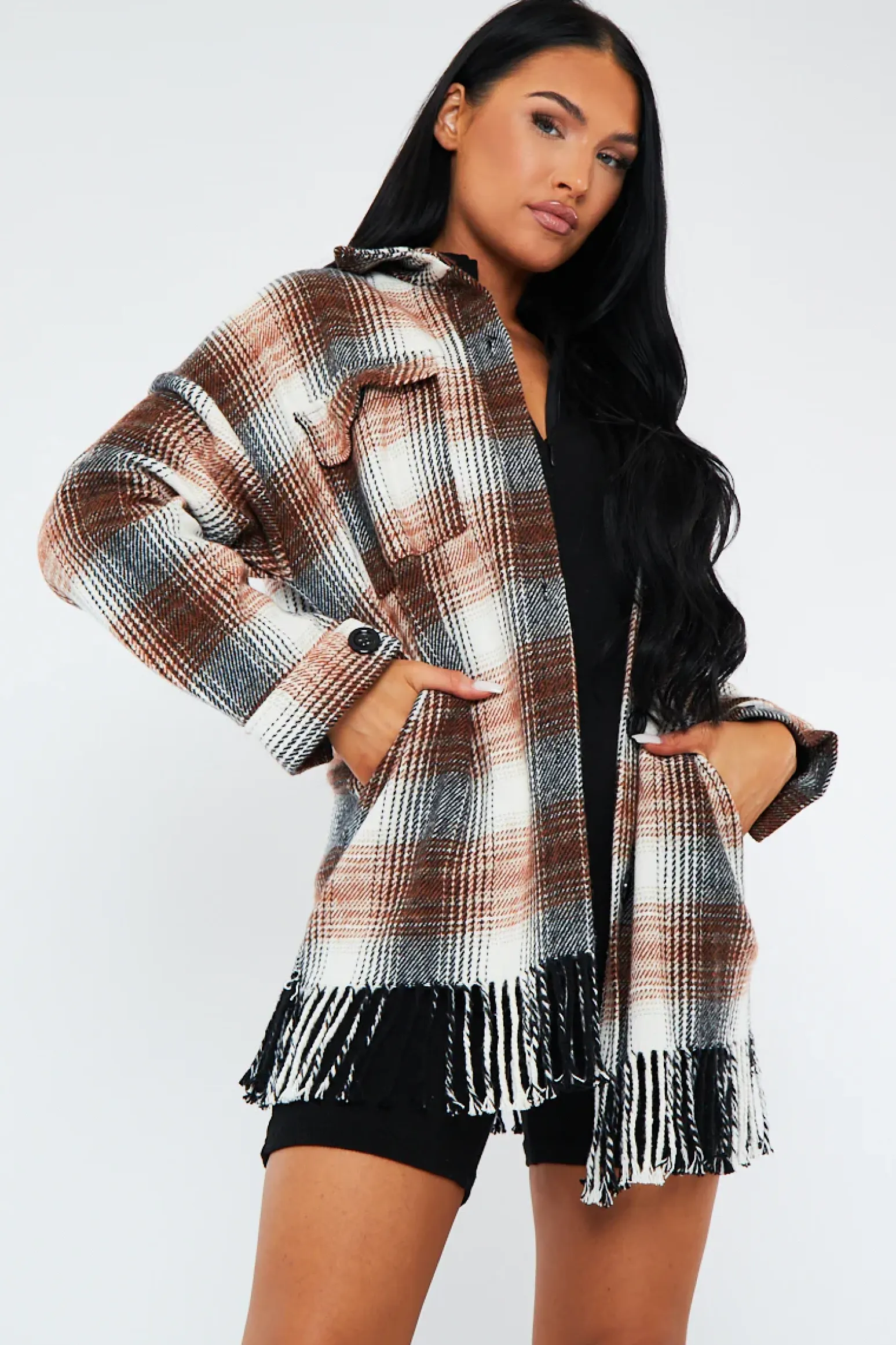 Rebellious Fashion Brown Checked Fringe Detail Shacket - Iyana