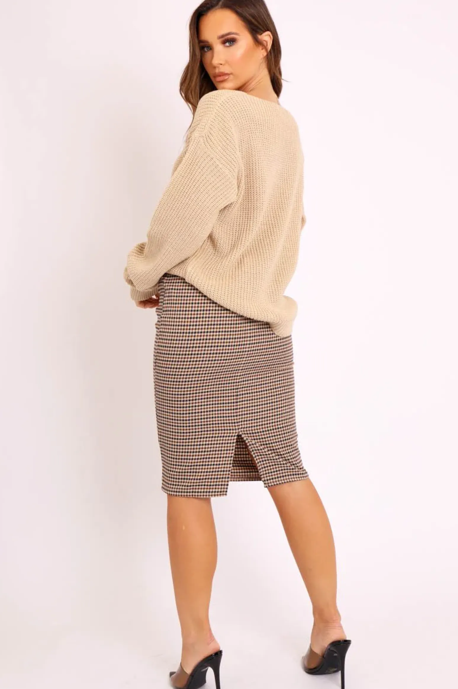 Rebellious Fashion Brown Checked Tailored Pencil Skirt - Willo