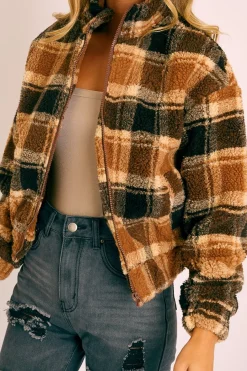 Rebellious Fashion Brown Checked Zip Up Front Teddy Jacket - Adriane