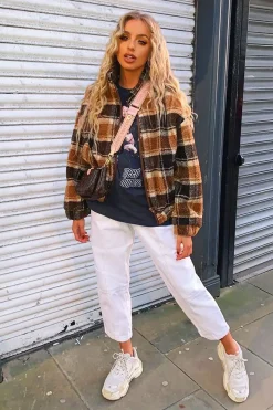 Rebellious Fashion Brown Checked Zip Up Front Teddy Jacket - Adriane