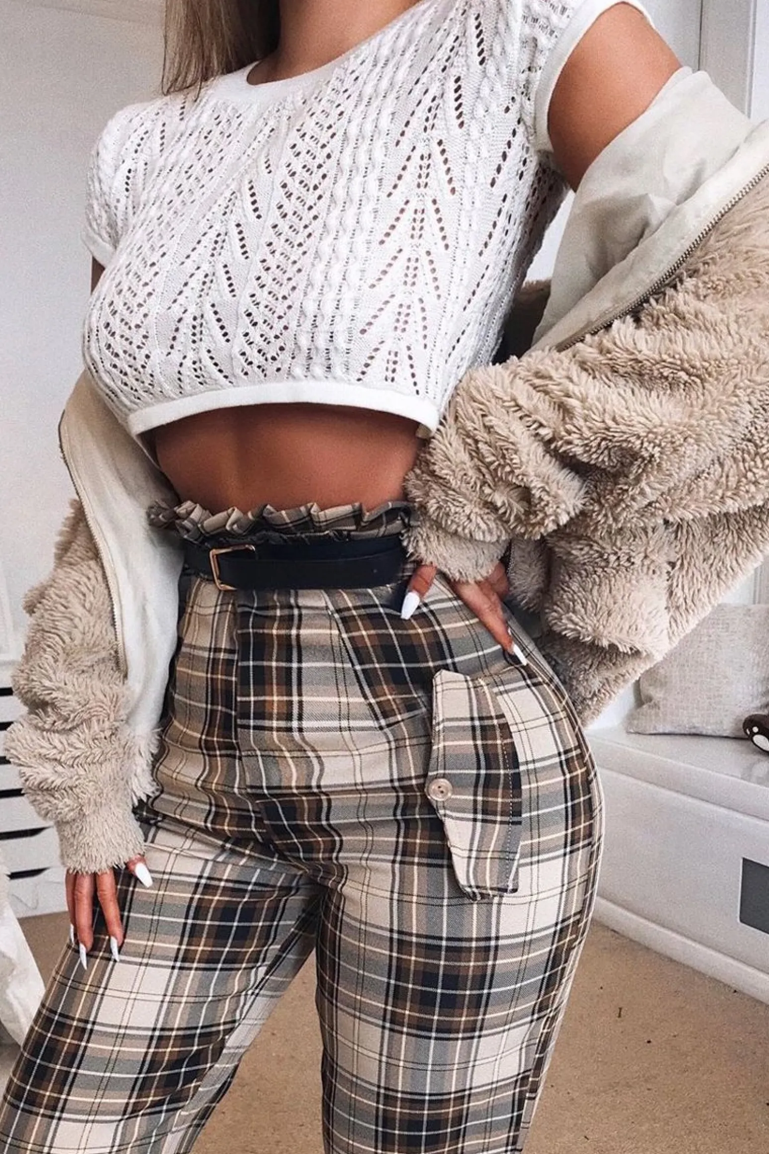 Rebellious Fashion Brown Check Frill Detail Trousers - Bristal