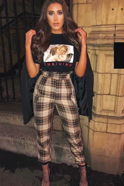 Rebellious Fashion Brown Check Frill Detail Trousers - Bristal