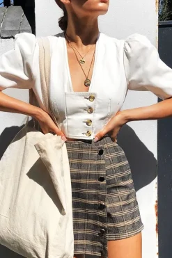 Rebellious Fashion Brown Check Gold Buttoned Skort - Lawrence