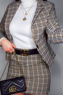Rebellious Fashion Brown Check O Ring Belted Mini Skirt - Alfa