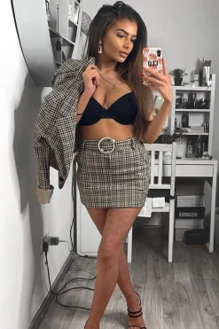 Rebellious Fashion Brown Check O Ring Belted Mini Skirt - Alfa
