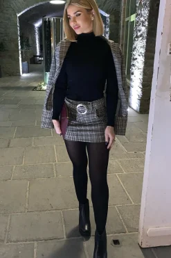 Rebellious Fashion Brown Check O Ring Belted Mini Skirt - Alfa