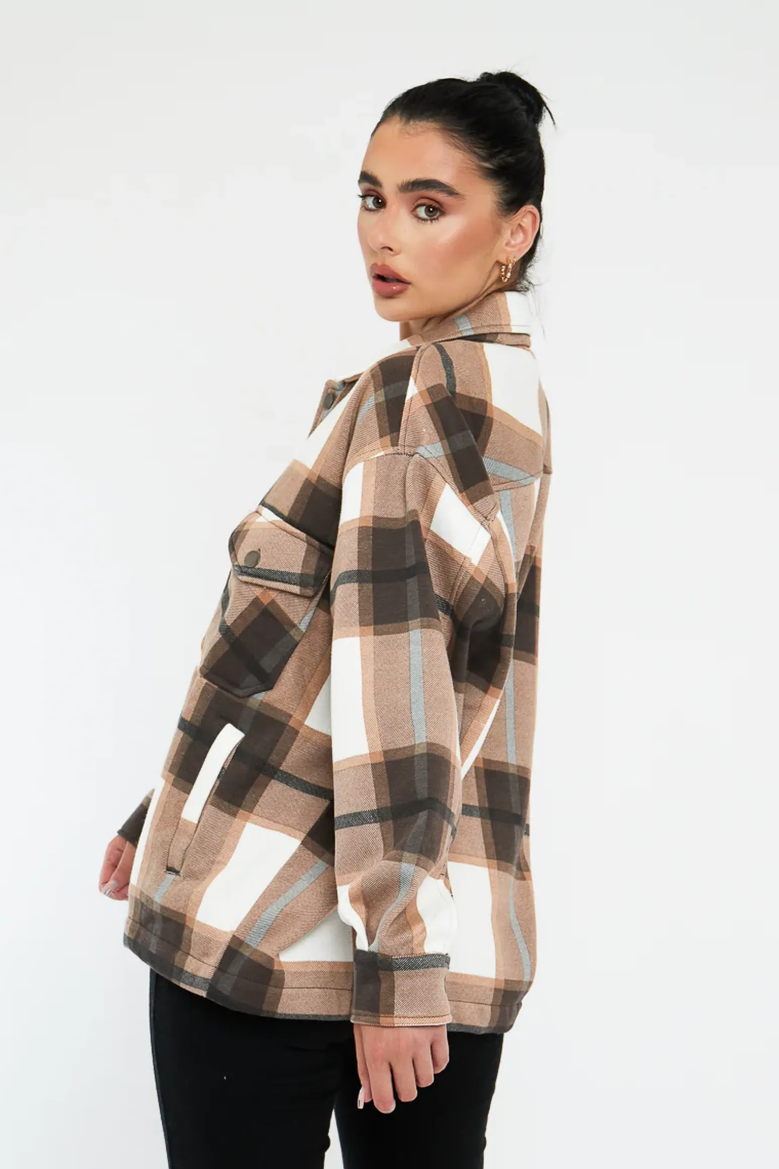 Rebellious Fashion Brown Check Pocket Front Shacket - Misa