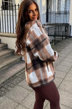Rebellious Fashion Brown Check Pocket Front Shacket - Misa