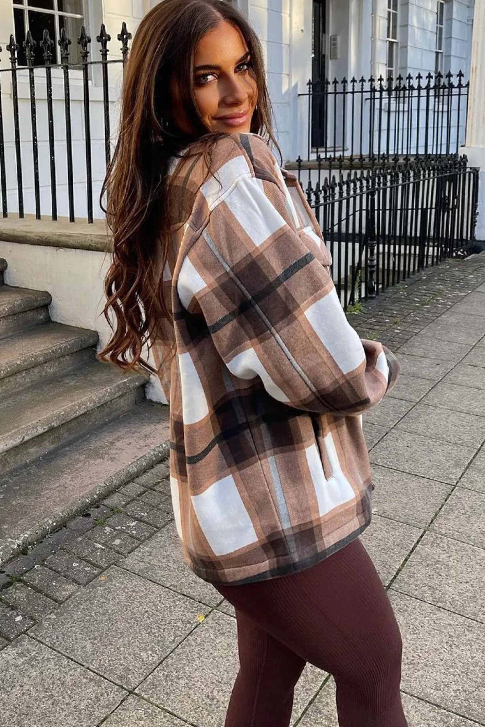 Rebellious Fashion Brown Check Pocket Front Shacket - Misa