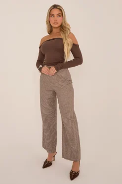 Rebellious Fashion Brown Check Wide Leg High Waisted Trousers - Lorena