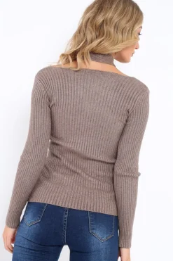 Rebellious Fashion Brown Choker Twist Knit Jumper - Maya