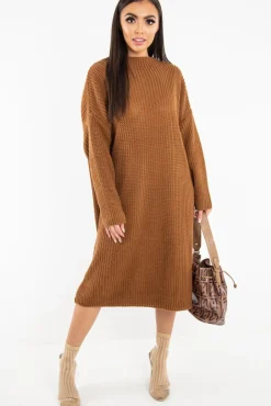 Rebellious Fashion Brown Chunky Knit Slash Neck Jumper Dress - Hessie