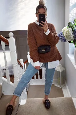 Rebellious Fashion Brown Chunky Knit Slash Neck Jumper Dress - Hessie