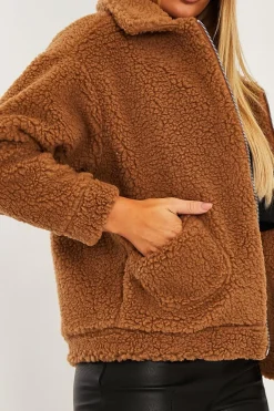 Rebellious Fashion Brown Collar Zip Front Borg Teddy Jacket - Kaleah