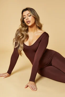 Rebellious Fashion Brown Contour Long Sleeve Jumpsuit - Luana