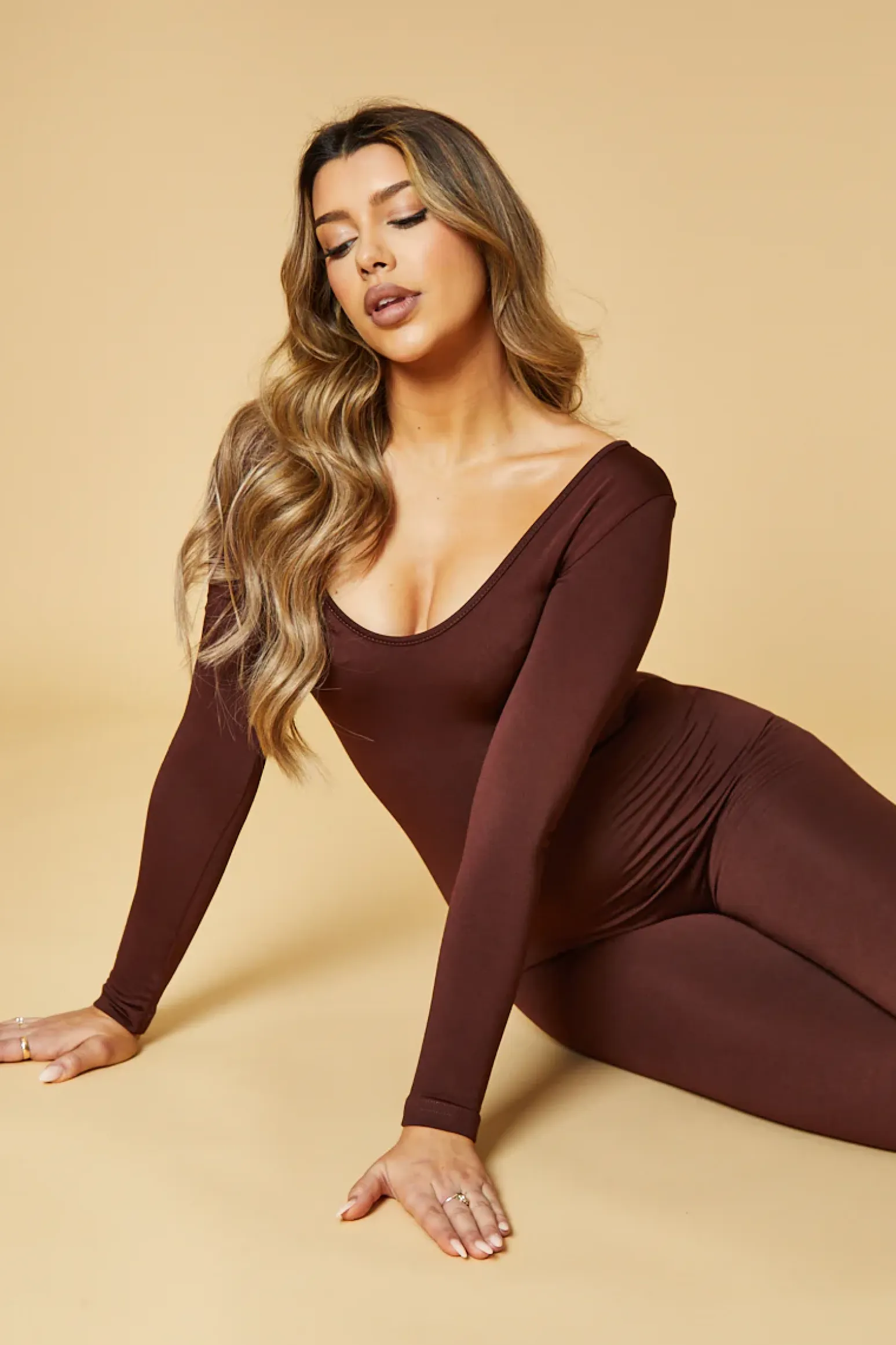Rebellious Fashion Brown Contour Long Sleeve Jumpsuit - Luana