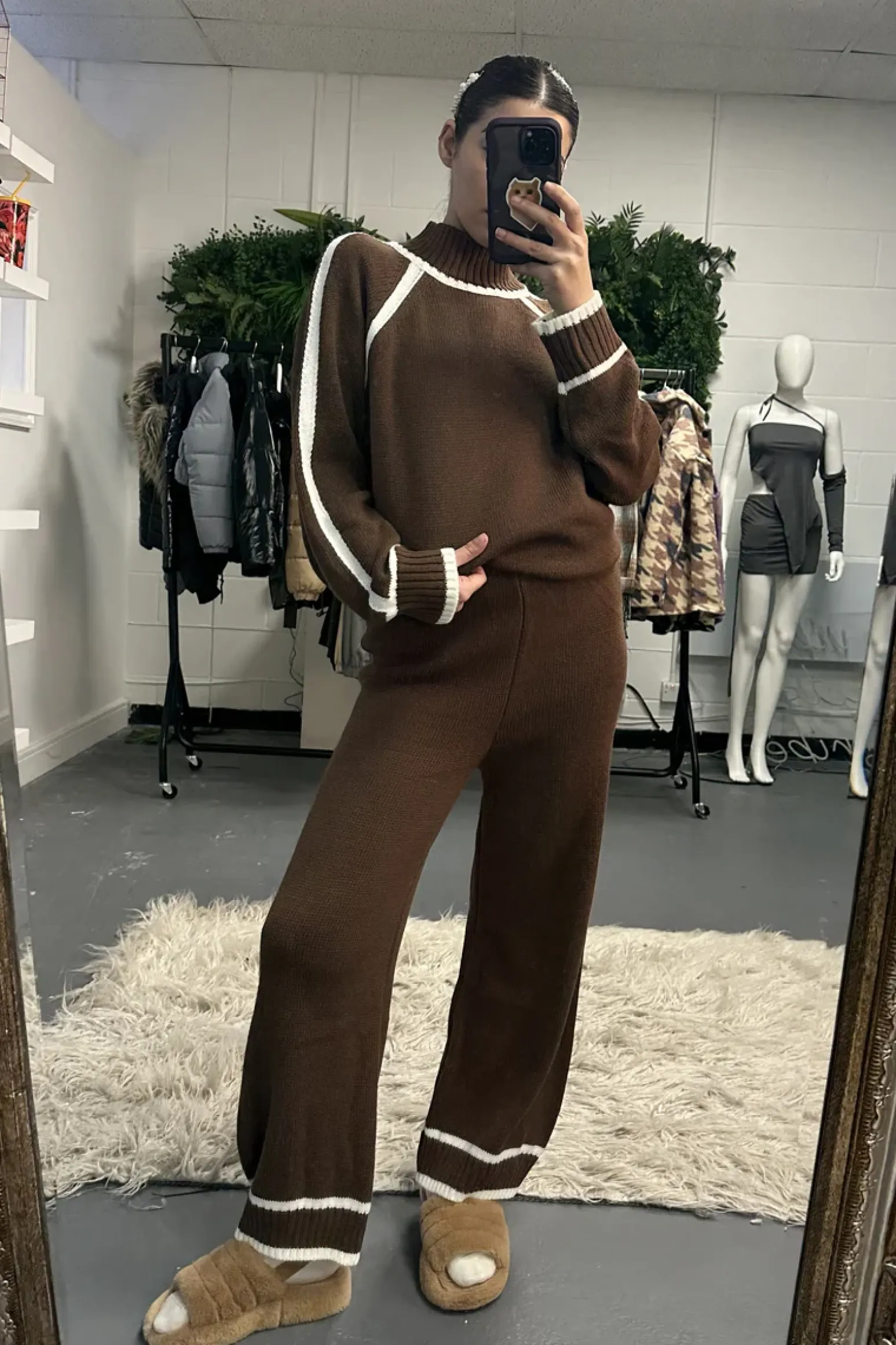 Rebellious Fashion Brown Contrast Stitch knitted Co-ord Set - Lennon