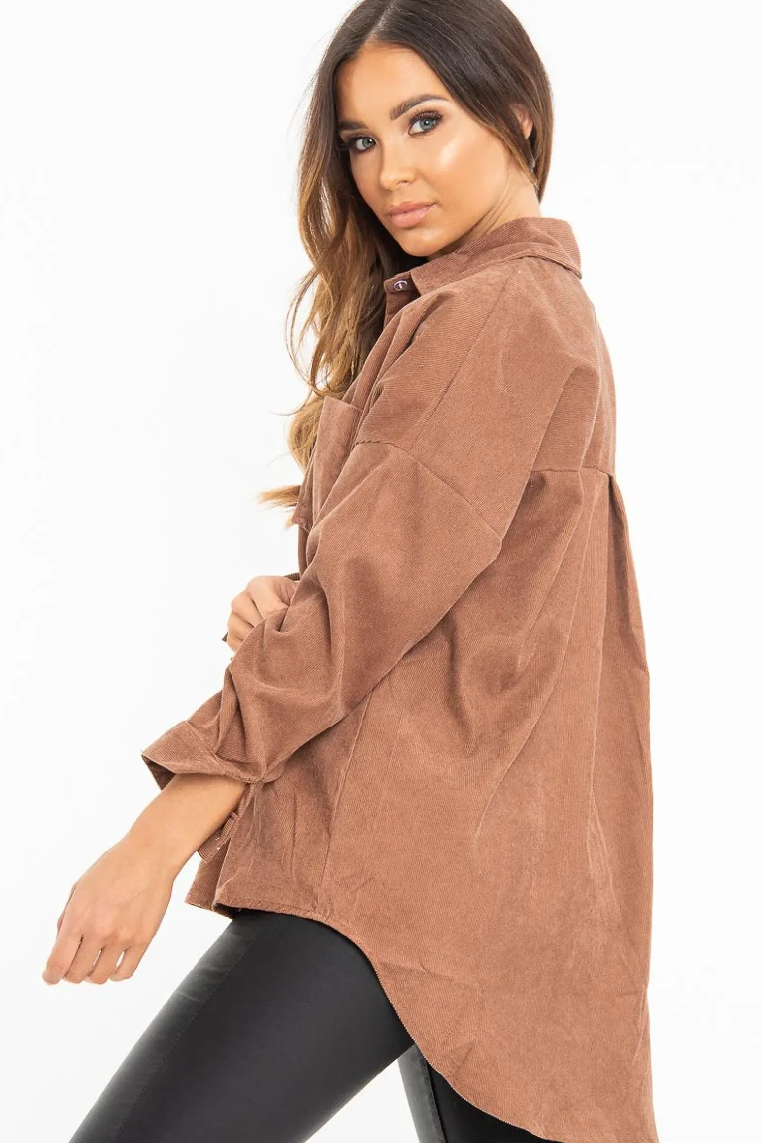 Rebellious Fashion Brown Corduroy Button Front Oversized Shirt - Kyrah